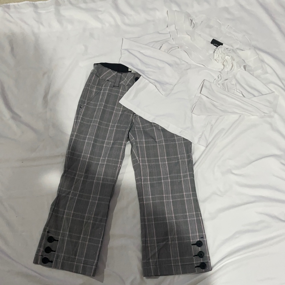 cute white shirt plaid pants outfit